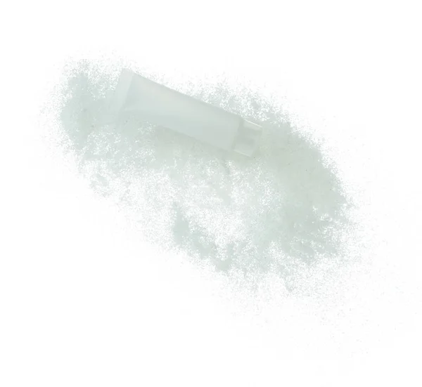 Καλλυντικό Δοχείο Λευκό Μπουκάλι Μύγα Πιτσίλισμα Λευκή Άμμο Σωλήνας Διάφανη — Φωτογραφία Αρχείου