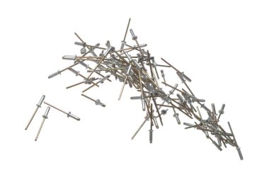 Kör perçin çivisi havada uçuşuyor. Birçok kör perçin grubu beyaz arka planda tek başına yüzer. Metalik onarımları birleştirmek için taksimetre donanımı olarak kullanılan endüstri için perçin