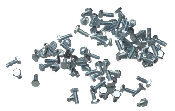 工业和维修用金属螺栓 在空气中飞行 银锚连接螺母机件 用于锁紧螺母垫圈的灰色螺栓 孤立的白色背景 — 图库照片