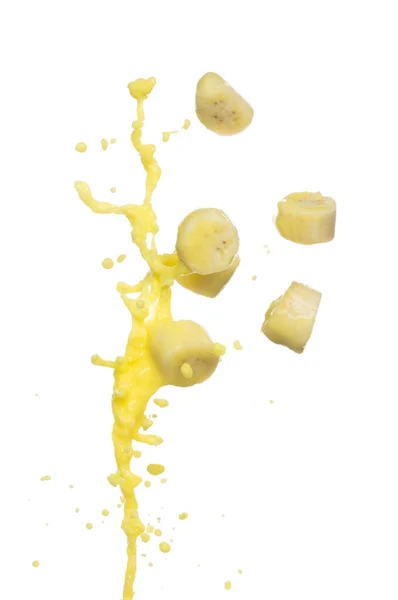 Падає Банановий Сік Вибухає Жовта Бананова Хвиля Нарізаного Шматочка Соку — стокове фото