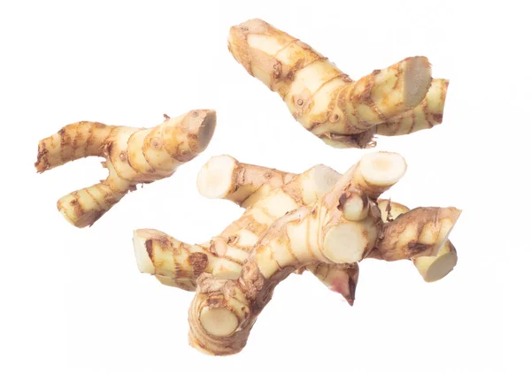Galangal Fly Mid Air Fresh Vegetable Spice Galangal Falling Organic — Stock Photo, Image
