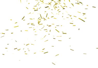Altın Konfeti folyosu havaya sıçrıyor. Altın Confetti Foil patlaması, soyut bulut sineği. Birçok Parti simleri birçok grupta dağılır. Beyaz arkaplan izole