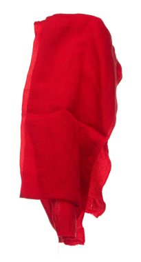 Kırmızı Obi kumaşı geleneksel Japon Komono ekipmanları havada kavisli uçar. Obi kumaşı geleneksel Komono 'yu beline sarmak tören için güzel giysiler demektir. Beyaz arkaplan izole