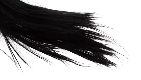 长直假发式的苍蝇掉在地上爆炸 黑妇女假发波浪般的头发飘浮在半空中 笔直的黑色卷曲假发 风吹云雾 白色背景隔离高速冻结运动 — 图库照片