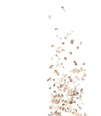 Mor patlamış mısır sineği patlaması, mor atıştırmalık organik mısır patlaması, soyut bulut sineği patlaması. Mor patlamış mısır, organik gıda serpintisi. Beyaz arkaplan izole edildi