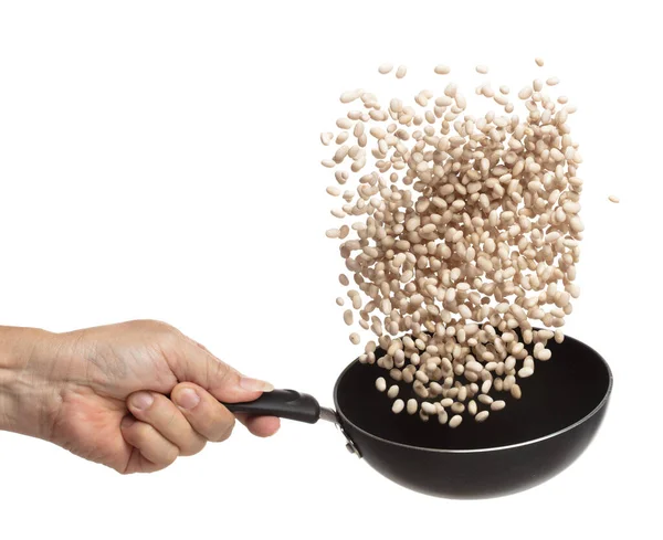 White Bean Fry Throw Cooking Pan White Bean Float Explode — Stockfoto