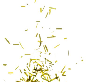 Altın Konfeti folyosu havaya sıçrıyor. Altın Confetti Foil patlaması, soyut bulut sineği. Birçok Parti simleri birçok grupta dağılır. Beyaz arkaplan yüksek hız deklanşör donması izole