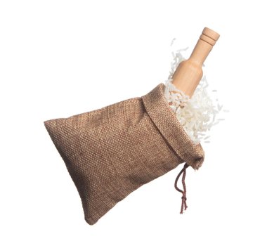 Japanese Rice in sack bag flying explosion, white grain rices fall abstract fly. Beautiful complete seed rice bag splash in air, food object design. White background isolated, high speed freeze motion