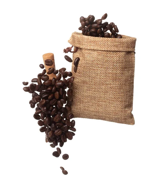 Coffee Bean Fall Pour Sack Bag Coffee Seeds Float Explode — стоковое фото