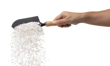 Perlite rock flying explosion, perlite white stone fall down from hand shovel garden. Perlite volcano stone splash throwing in Air. White background Isolated high speed shutter, freeze action