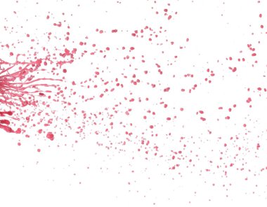 Kırmızı domates suyu damlacıklara sıçrıyor, kırmızı kan dalgası havaya karışıyor. Soyut bulut sineği, kırmızı şarap renkli sıçrama. Beyaz arkaplan izole edilmiş yüksek hızlı deklanşör, dondur