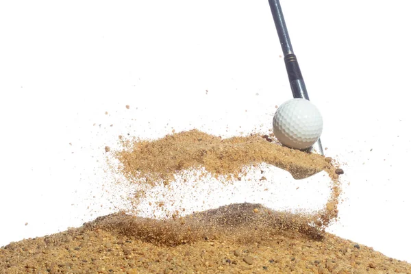 Golfbollen Exploderar Från Sandbunkern Golfare Träffar Bollen Med Klubba Till — Stockfoto
