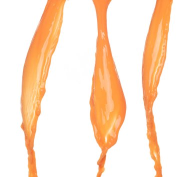 Portakal Suyu şekil olarak aşağı dökülüyor. Havada portakal suyu gibi dalgalanan bir patlama. Sıvı su damlası gibi sıçrıyor. Beyaz arkaplan izole edildi, dur hareketsiz çekim. 