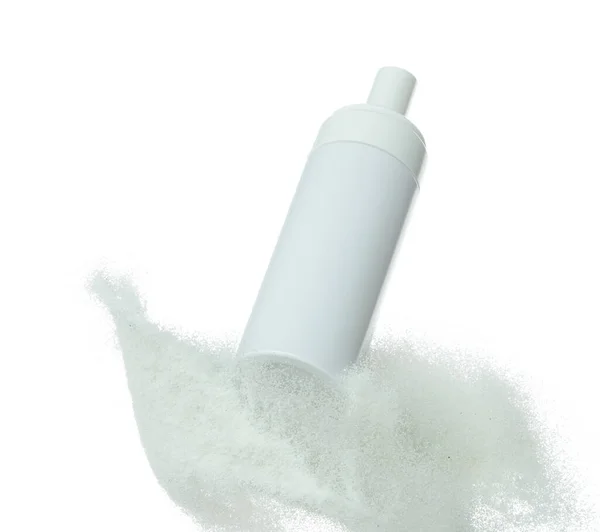 Kosmetisk Behållare Vit Flaska Flyga Stänk Vit Sand Rör Transparent — Stockfoto