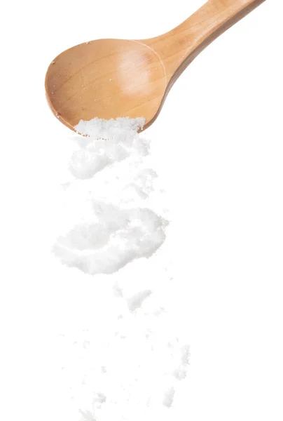 Refined Salt Fall Pouring Wooden Spoon Powder White Salts Explode — Stock Photo, Image
