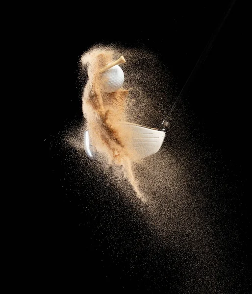Golf Ball Tee Explode Sand Bunker Golfer Hit Ball Club — Stock Photo, Image