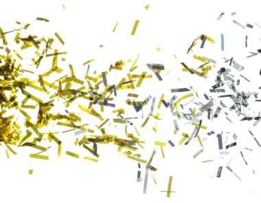 Altın Gümüş Konfeti folyosu yere düşüyor. Altın rengi gümüş renkli Confetti Foil patlaması, soyut bulut sineği. Parti simleri grup halinde dağılır. Beyaz arkaplan yüksek hız deklanşör donması izole