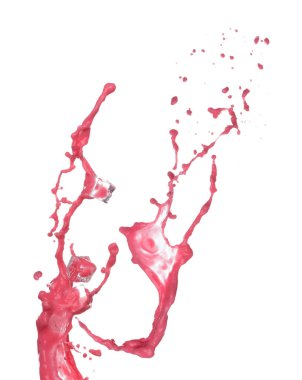 Kırmızı domates suyu buz küpüyle dökülür, domates suyu havaya karışır. Kırmızı şarap renkli patlayıcı buz damlasıyla döküldü. Beyaz arkaplan izole edilmiş yüksek hızlı deklanşör, dondurucu hareket