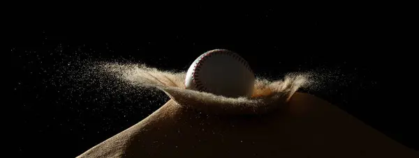 野球は砂の土壌に打撃を与え 砂丘に深い影響を与え 地域全体に飛び散った 野球は風の嵐の上に砂丘を打ち 山の上に吹き飛ばされた塵を打ちました 隔離された黒い背景 — ストック写真