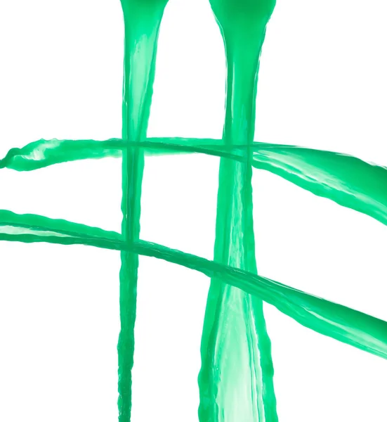 绿色油漆液体在半空中飘扬 苹果汁飘散 爆裂呈液滴状漂浮 白色背景隔离图像系列二 — 图库照片