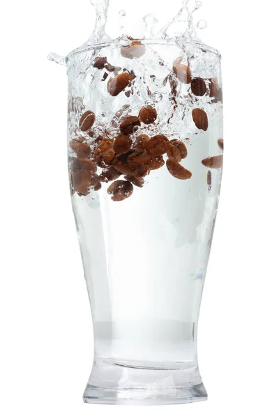 Many Coffee Beans Fall Hot Water Tall Glass Coffee Beans — Stock Photo, Image