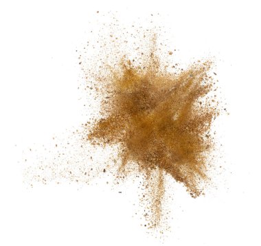 Madencilikten gelen altın cevheri karışımı kum patlaması. Altın cevheri tozu patlaması. Altın madeni endüstrisinde kum taşı çakılı patlama. Beyaz arkaplan izole edilmiş fırlatma durdurma hareketi
