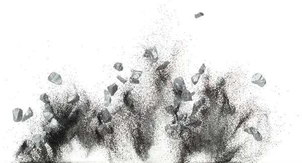 シルバー鉱石ナゲットフライは 空気中の鉱業フロートから落ちます 銀鉱業の砂のグリッターの砂が付いている多くの部分の銀のナゲット鉱石の爆発 白い背景 隔離された投げる凍結停止の動き — ストック写真