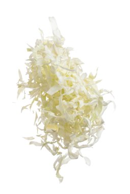Cabbage fly in mid air, green fresh vegetable cabbage cut chop slice food. Organic fresh vegetable with eaten leaf of cabbage falling, close up texture. White background isolated freeze motion