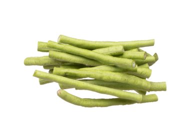 Chopped Long yard bean fly explosion, Cut green long beans for food cooking float in air. Raw slice long yard bean throw in mid air as food material. White background isolated high speed freeze motion