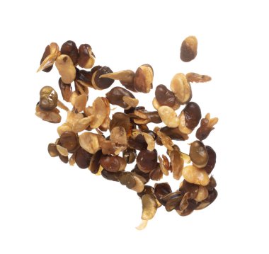 Salt Broad Beans flying explosion, broad bean fall down abstract fly. Tropical Salty roasted broad bean splash throwing in Air. White background Isolated high speed shutter, freeze action