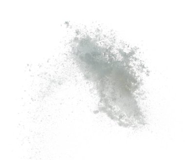 Düşen karların fotoğrafı, büyük, büyük, büyük kar yağışları. Beyaz arkaplandaki donuk çekim izole edilmiş. Yumuşak beyaz kar taneleri bulutları havada uçuşuyor. Gerçek Kar Fırlatma