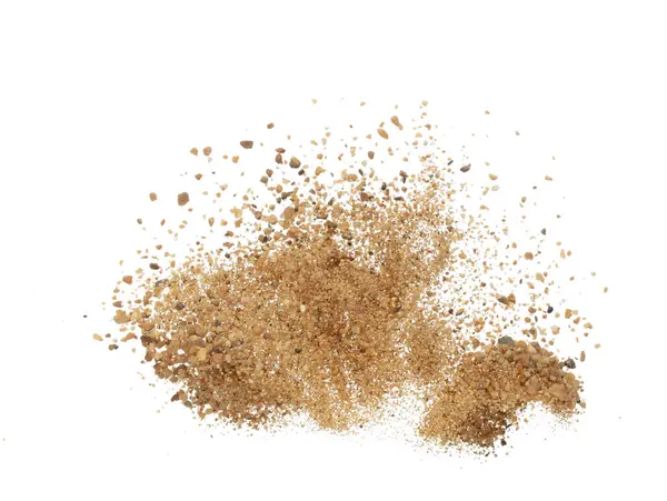 Altın tahıl dalgası patladı. Soyut bulut sineği. Sarı renkli kum sıçraması havada eğri daireler çiziyor. İyi bir kum patlaması, beyaz arka plan izole fırlatma donma hareketi