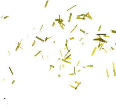 Altın Konfeti folyosu havaya sıçrıyor. Altın Confetti Foil patlaması, soyut bulut sineği. Birçok Parti simleri birçok grupta dağılır. Beyaz arkaplan yüksek hız deklanşör donması izole