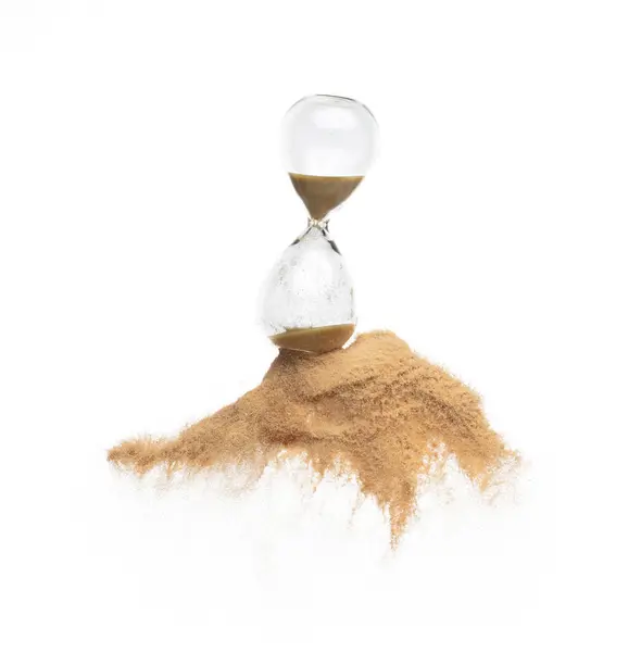 沙漏和沙子在半空中飞舞 在白色背景的金砂上增加了更多的时间 布朗沙漏显示更多的时间截止日期延长时间管理希望概念小时玻璃 — 图库照片