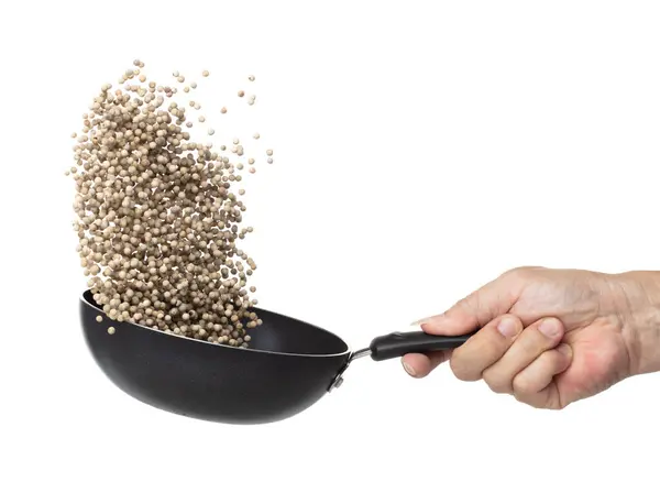 White Pepper Seeds Fall Pour Steel Pan White Pepper Float — Stockfoto