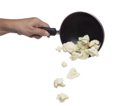 Cauliflower fly fall in pan, green fresh vegetable Cauliflower cut chop slice. Organic fresh vegetable Cauliflower, close up texture. White background isolated freeze motion high speed shutter