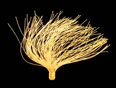 Gold yellow Silk Tassel for decorating. Indian culture hang Tassel for moving wind blow and elegance look. Tassel has many color spinning in air. Black background isolated freeze motion