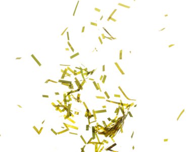 Altın Konfeti folyosu havaya sıçrıyor. Altın Confetti Foil patlaması, soyut bulut sineği. Birçok Parti simleri birçok grupta dağılır. Beyaz arkaplan yüksek hız deklanşör donması izole