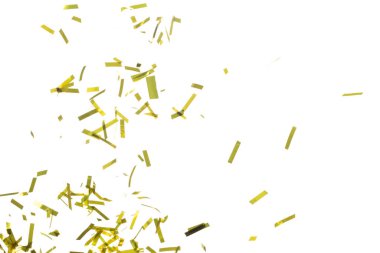 Altın Konfeti folyosu havaya sıçrıyor. Altın Confetti Foil patlaması, soyut bulut sineği. Birçok Parti simleri birçok grupta dağılır. Beyaz arkaplan yüksek hız deklanşör donması izole
