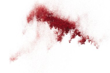 Havada kırmızı metalik parıltı patlaması. Kırmızı parıltılı kum kıvılcımı Çin 'in yeni yılını kutluyor, sinek kırmızı parıltı parçacığını fırlatıyor. Beyaz arkaplan izole, seçici odak Görüntü bokeh
