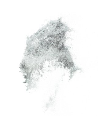 Havada gümüş metalik parıltı patlaması. Gümüş Parıltı Kum Kıvılcımı Çin 'in yeni yılını kutluyor, Sinek Gümüş Parıltısı partikülünü fırlatıyor. Beyaz arkaplan izole, seçici odak Görüntü bokeh