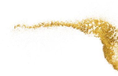 Havada altın metalik parıltı patlaması. Altın Parıltı Kum Kıvılcımı Çin 'in yeni yılını kutluyor, sinek altın parıltıları atıyor. Beyaz arkaplan izole, seçici odak Görüntü bokeh