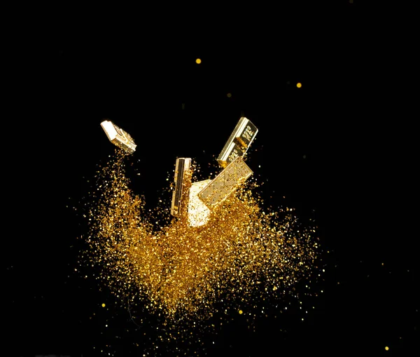 Gold Ingot Moneta Cinese Gettone Bar Volare Con Particelle Polvere — Foto Stock