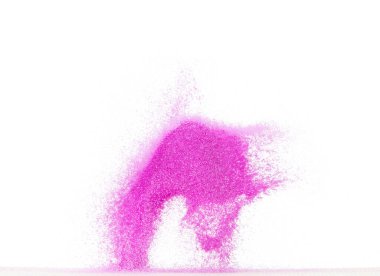 Küçük ölçekli mor kum uçan patlama, menekşe kum tanecikleri patlar. Soyut bulut sineği. Mor renkli kum sıçraması havayı içine atıyor. Beyaz arka plan izole edilmiş yüksek hızlı deklanşör, dondurucu fırlatma