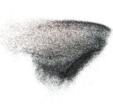 Silikon Karpit rüzgarı etrafında dönüyor. Kara Silikon Karpit kasırgası havada uçuşuyor. Etrafında ince parçacık çemberi, beyaz arkaplan izole edilmiş atık parçacık element nesnesi