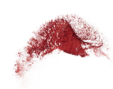 Havada kırmızı metalik parıltı patlaması. Kırmızı parıltılı kum kıvılcımı Çin 'in yeni yılını kutluyor, sinek kırmızı parıltı parçacığını fırlatıyor. Beyaz arkaplan izole, seçici odak Görüntü bokeh