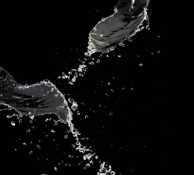 Pantolonun üzerine su dökmek şekil vermek için bir nesne. Damlacıklar ve dalgalar halinde çırpınıyor. Nesnelere su dökmek eğrinin yön değiştirmesine neden olur. Siyah arkaplan izole