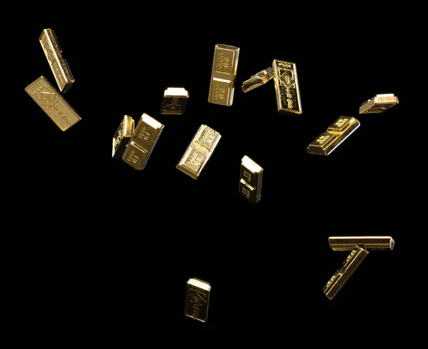 Chinese ornament gold ingot bar. Decoration element of chinese gold ingots or Yuanbao money for Festival. Other language mean rich wealthy prosperity. Black background isolated
