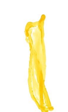 Sarı sıvı uçan patlama, pigment mısır suyu taze yüzey havası. Sarı boya lekesi sıçrama lekesi soyut. Beyaz arka plan izole edilmiş yüksek hız deklanşörü, dondurucu atış