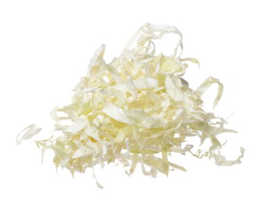 Cabbage fly in mid air, green fresh vegetable cabbage cut chop slice food. Organic fresh vegetable with eaten leaf of cabbage falling, close up texture. White background isolated freeze motion
